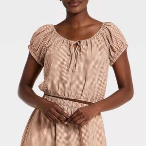 A New Day Brown Gingham Short Puff Sleeve Tie Top